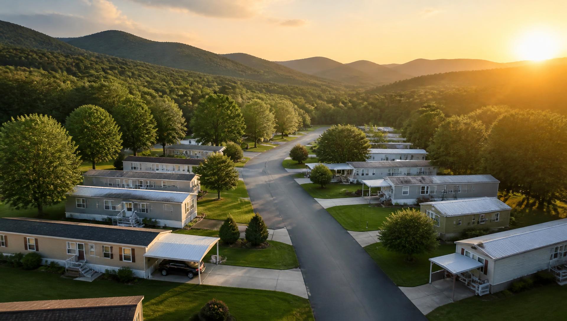 Aerial view of a mobile home community in the rolling hills of Tennessee at sunset
